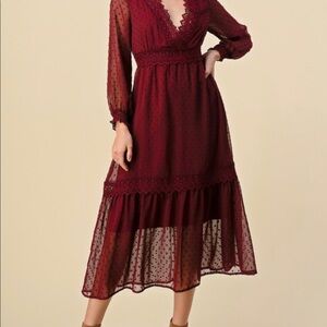 NWT Burgundy Ruffle Midi Lace Women Dress Size Medium